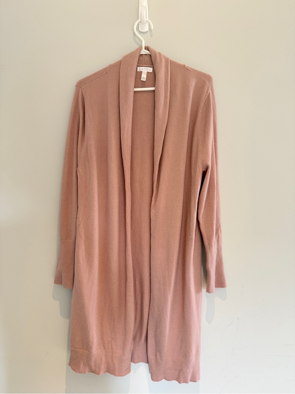 Leith Open Front Longline Shawl Collar Cardigan Sweater Dusty Pink (S)